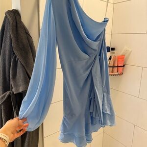 Michael Costello Blue One Shoulder Bishop Sleeve Sundress